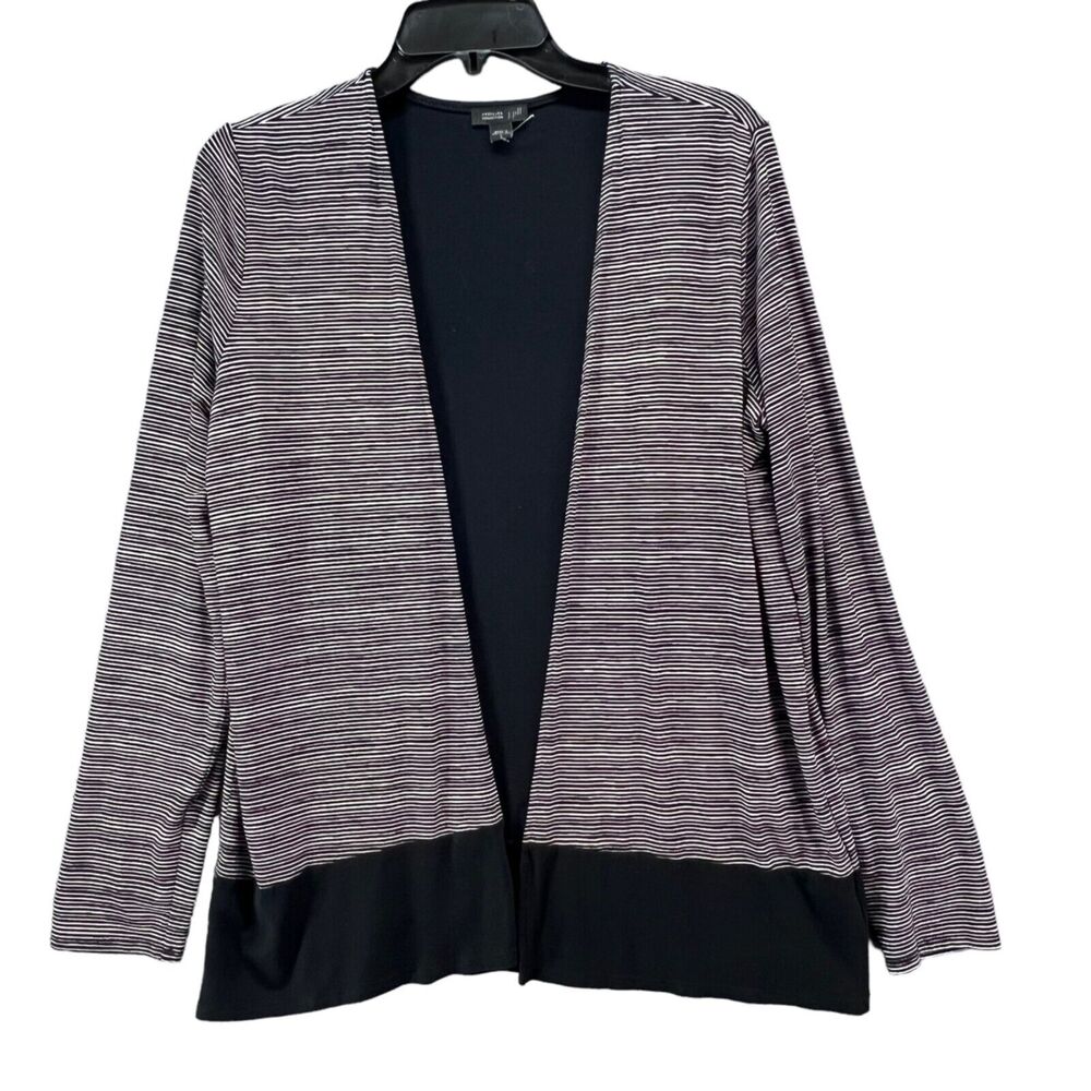 J Jill Wearever Cardigan Womens S Black White Stripe Open Front Soft Knit Travel